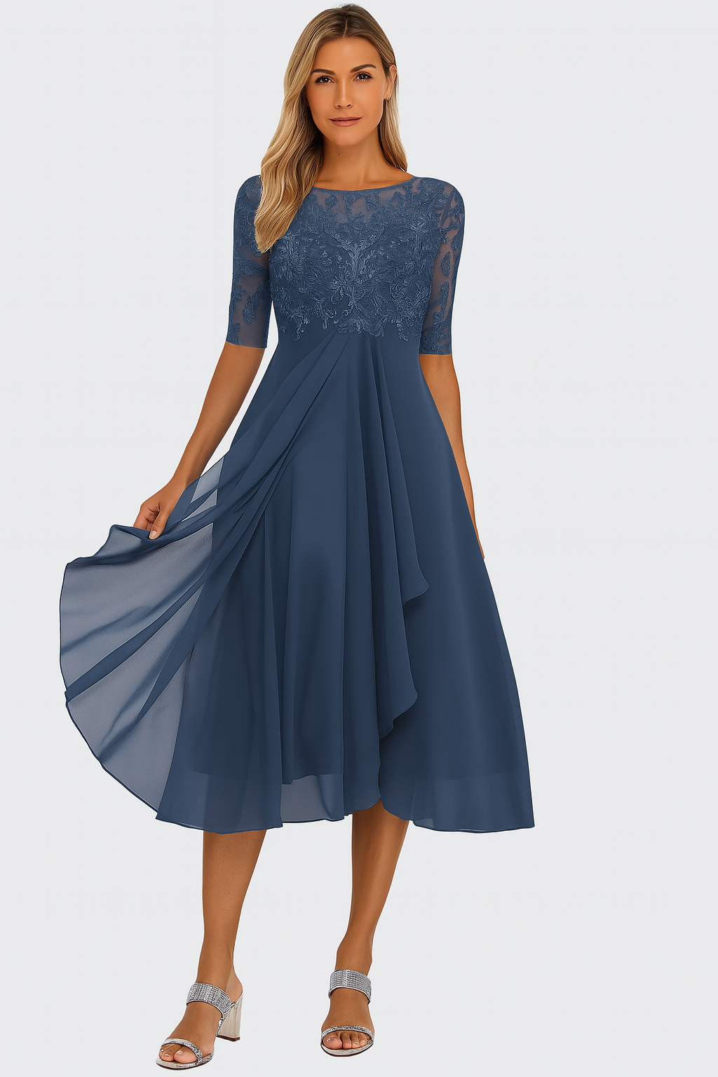 Damen A-Linie Spitzenkleid Midi Elegantes