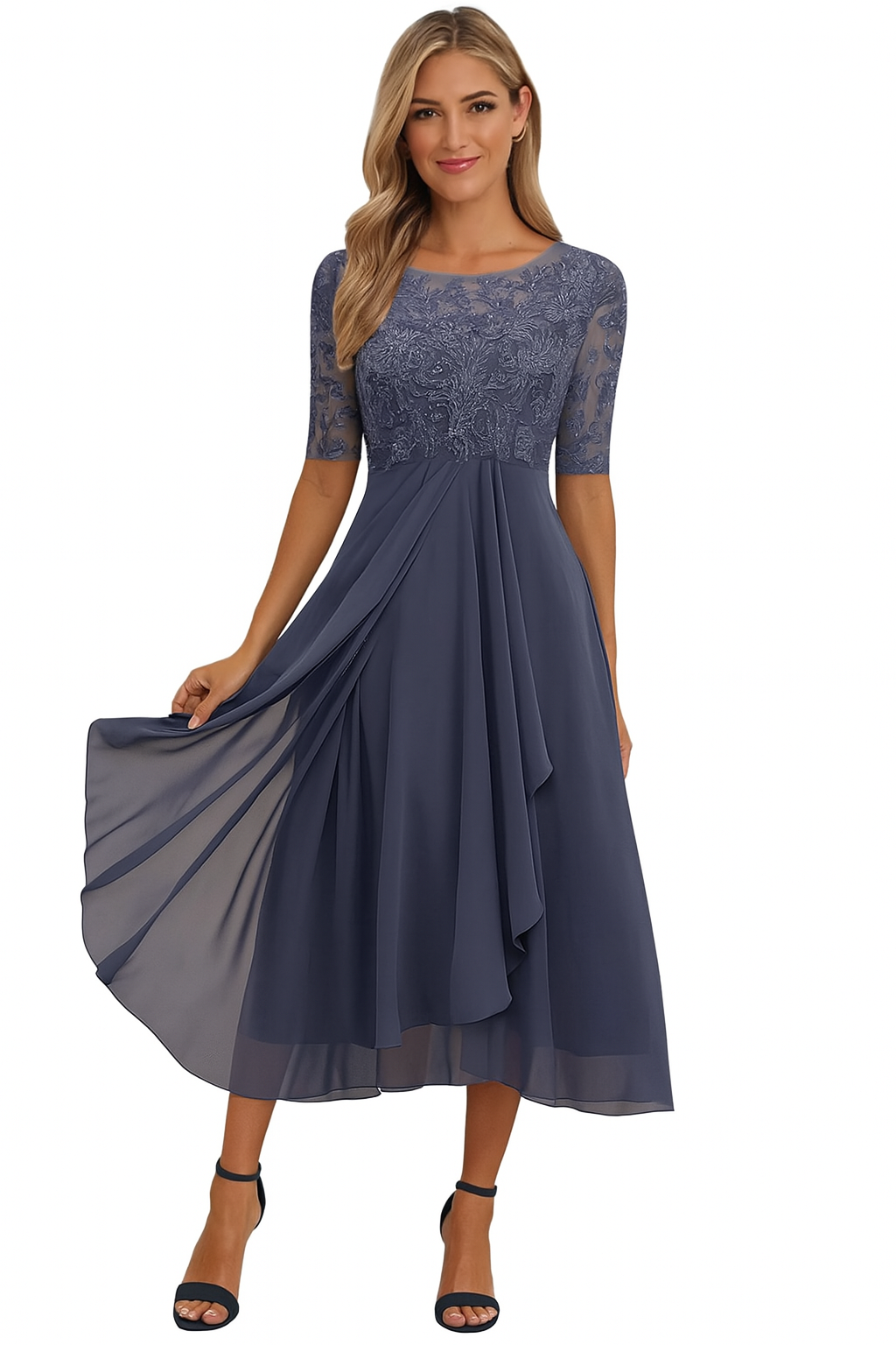 Damen A-Linie Spitzenkleid Midi Elegantes