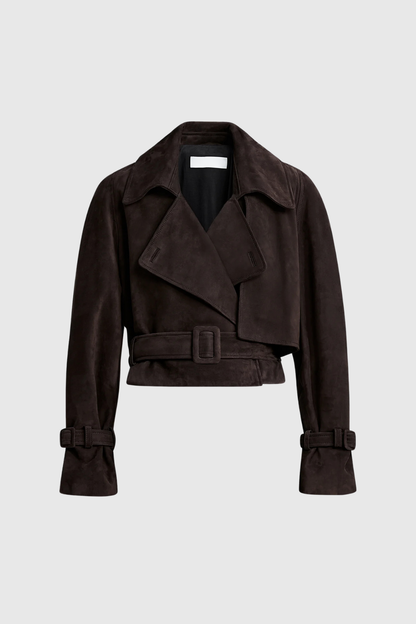 Damen Lederjacke Cropped Suedelook Taillengürtel