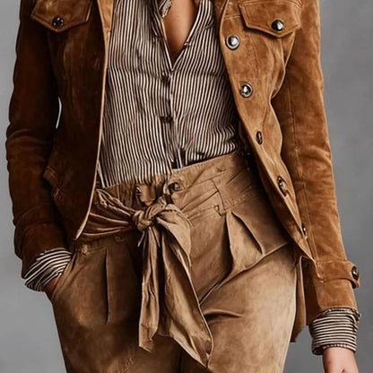 Damen Lederjacke Kurz Wildleder Knöpfe