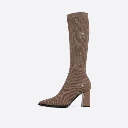 Damen Stiefel Knielang Spitze Absatz Heidi Stil
