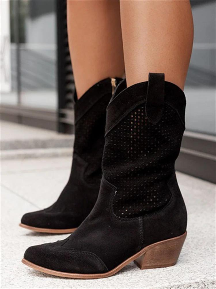 Damen Cowgirl Stiefel Atmungsaktives Leder Niedriger Absatz