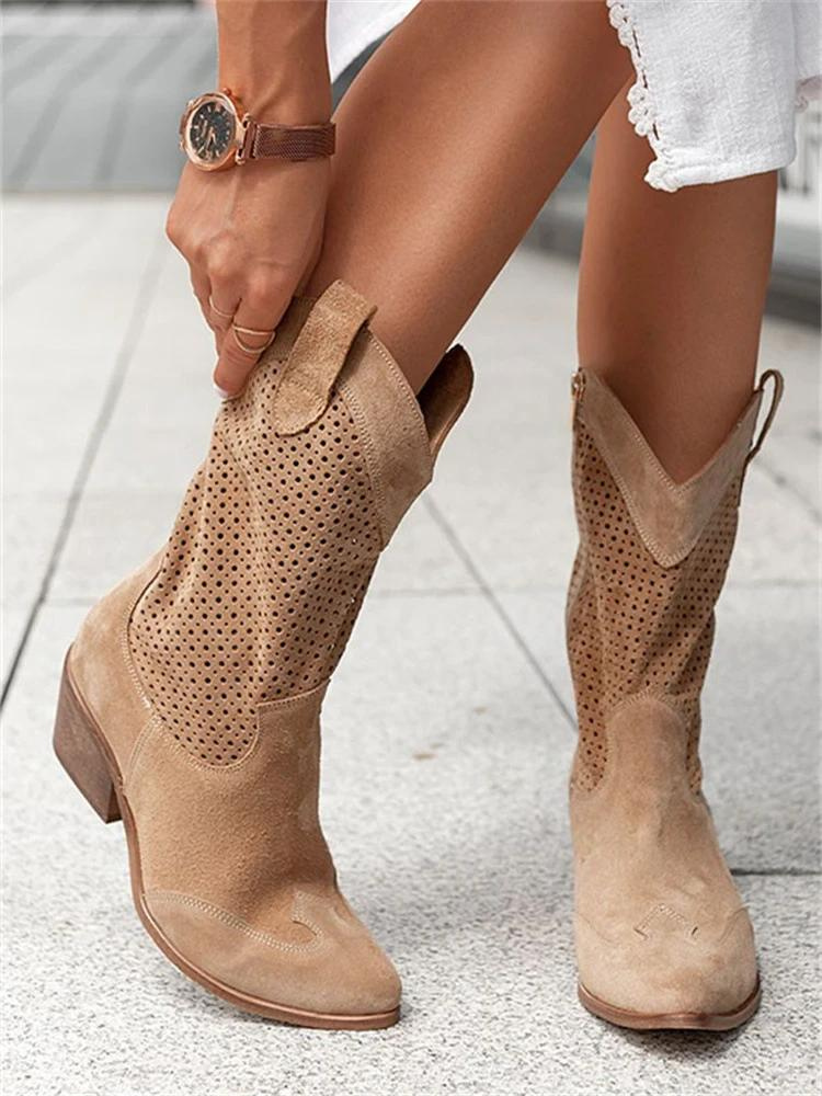 Damen Cowgirl Stiefel Atmungsaktives Leder Niedriger Absatz