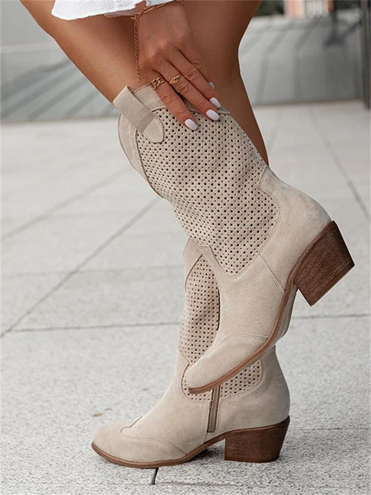 Damen Cowgirl Stiefel Atmungsaktives Leder Niedriger Absatz