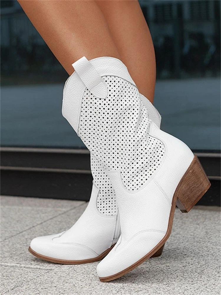 Damen Cowgirl Stiefel Atmungsaktives Leder Niedriger Absatz