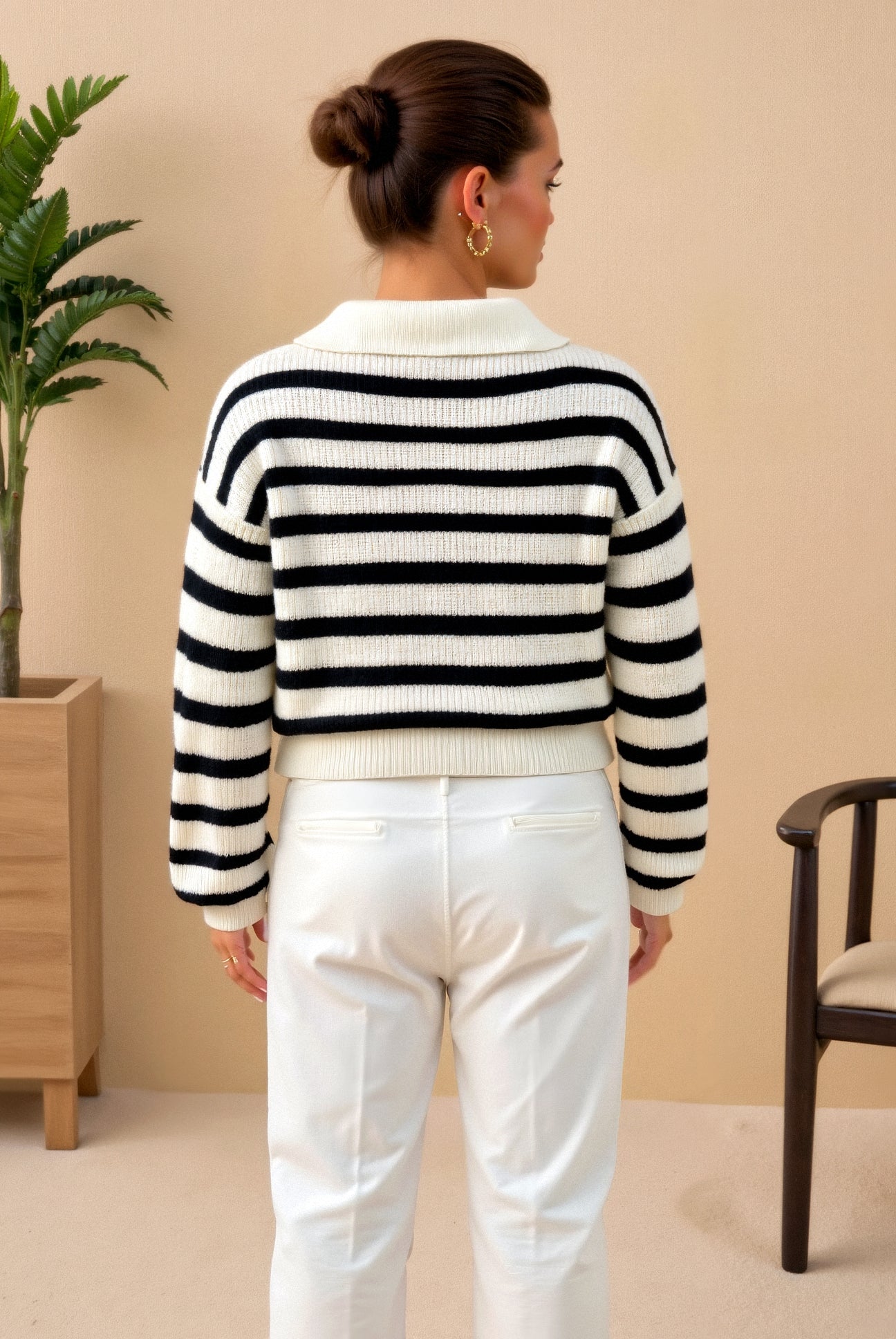 Damen Pullover Streifen Reißverschluss Kragen Modern