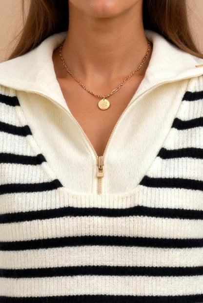 Damen Pullover Streifen Reißverschluss Kragen Modern