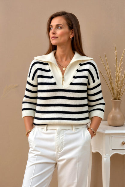 Damen Pullover Streifen Reißverschluss Kragen Modern
