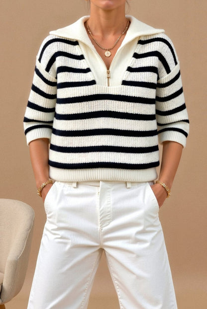 Damen Pullover Streifen Reißverschluss Kragen Modern