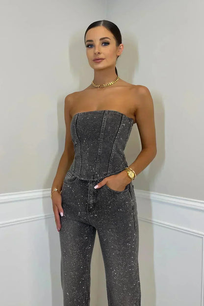 Glitzernder Damen-Overall Schulterfrei Party