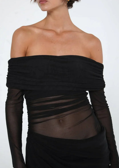 Damen Maxi-Kleid Schulterfrei Mesh-Details Drapierung