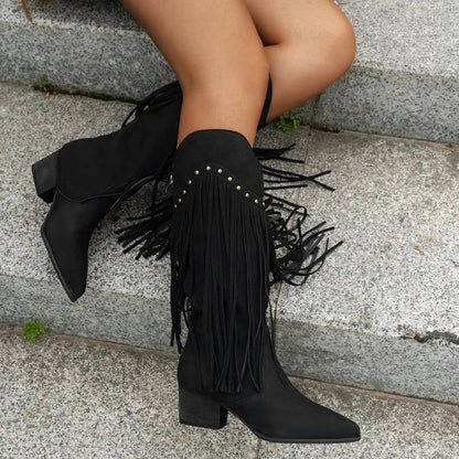 Kniehohe Damenstiefel Rutschfest Spitze Braun