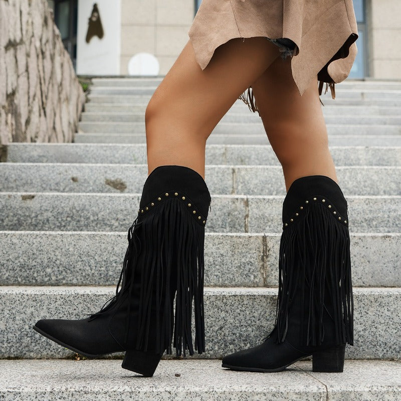 Kniehohe Damenstiefel Rutschfest Spitze Braun