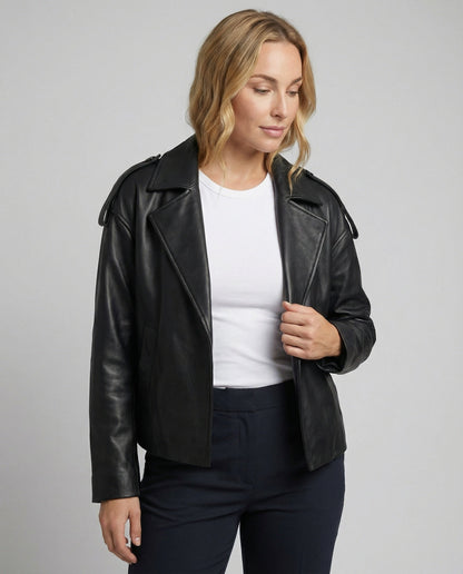 Damen Lederjacke Oversized Bikerjacke Schwarz - Norvielle