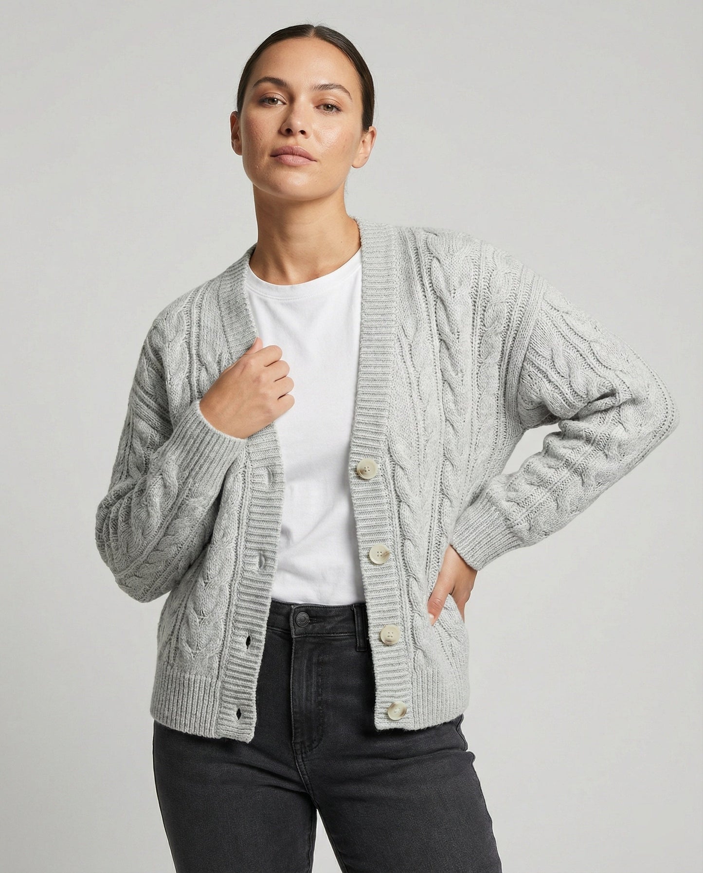 Damen Zopf-Cardigan Blouson V-Ausschnitt