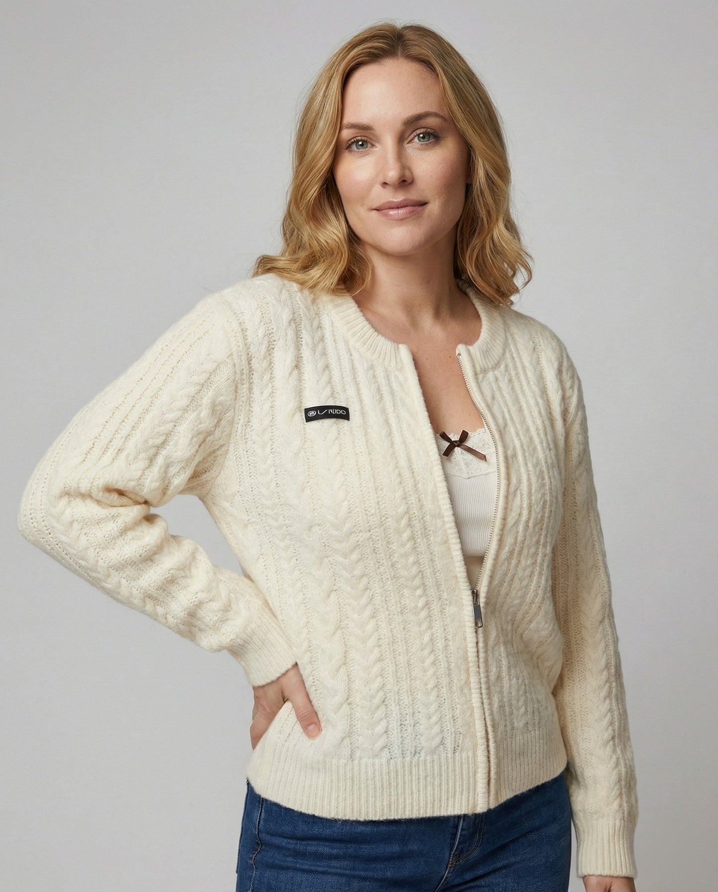 Strickblouson Damen Zopfmuster Überschnittene Schultern Rippenoptik