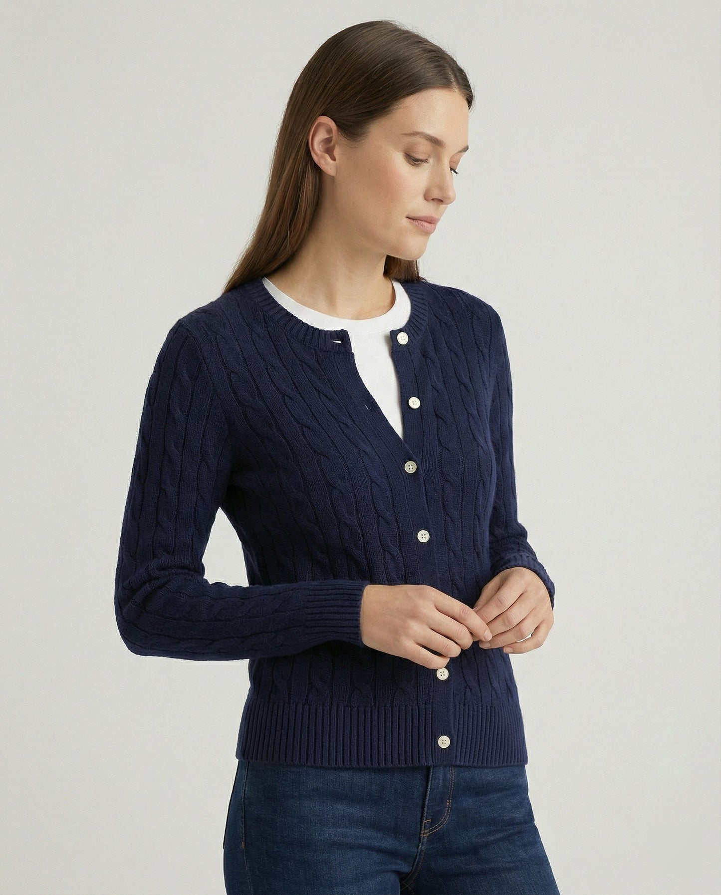 Damen Slimfit Knopfcardigan Rundhals Zopfmuster