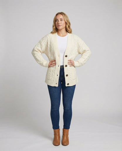 Damen Zopf-Cardigan V-Ausschnitt Knöpfe Beige - Norvielle
