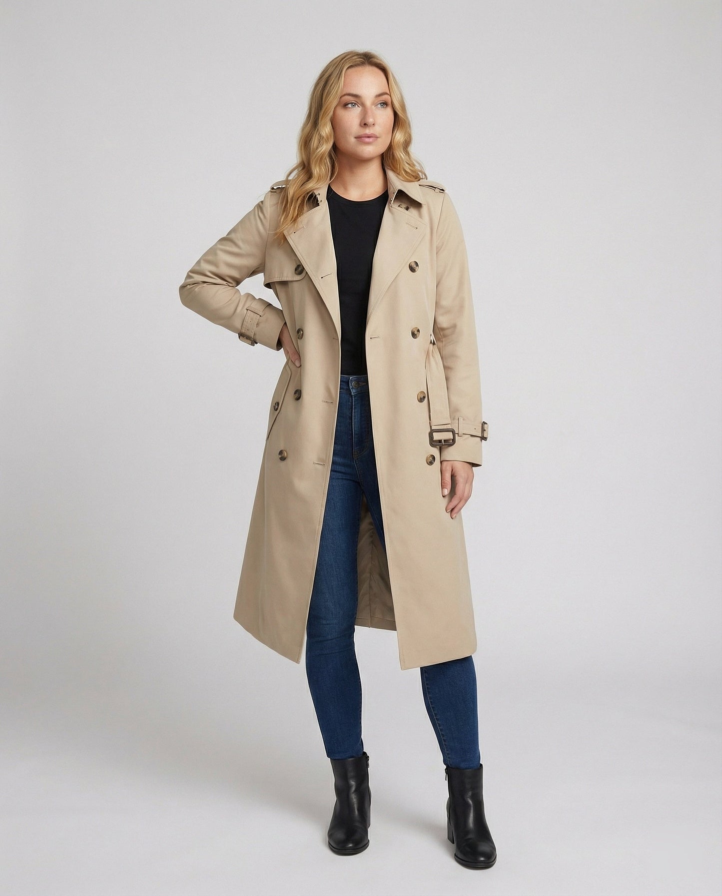 Damen Trenchcoat Tailliert Lang Mit Gürtel Modern