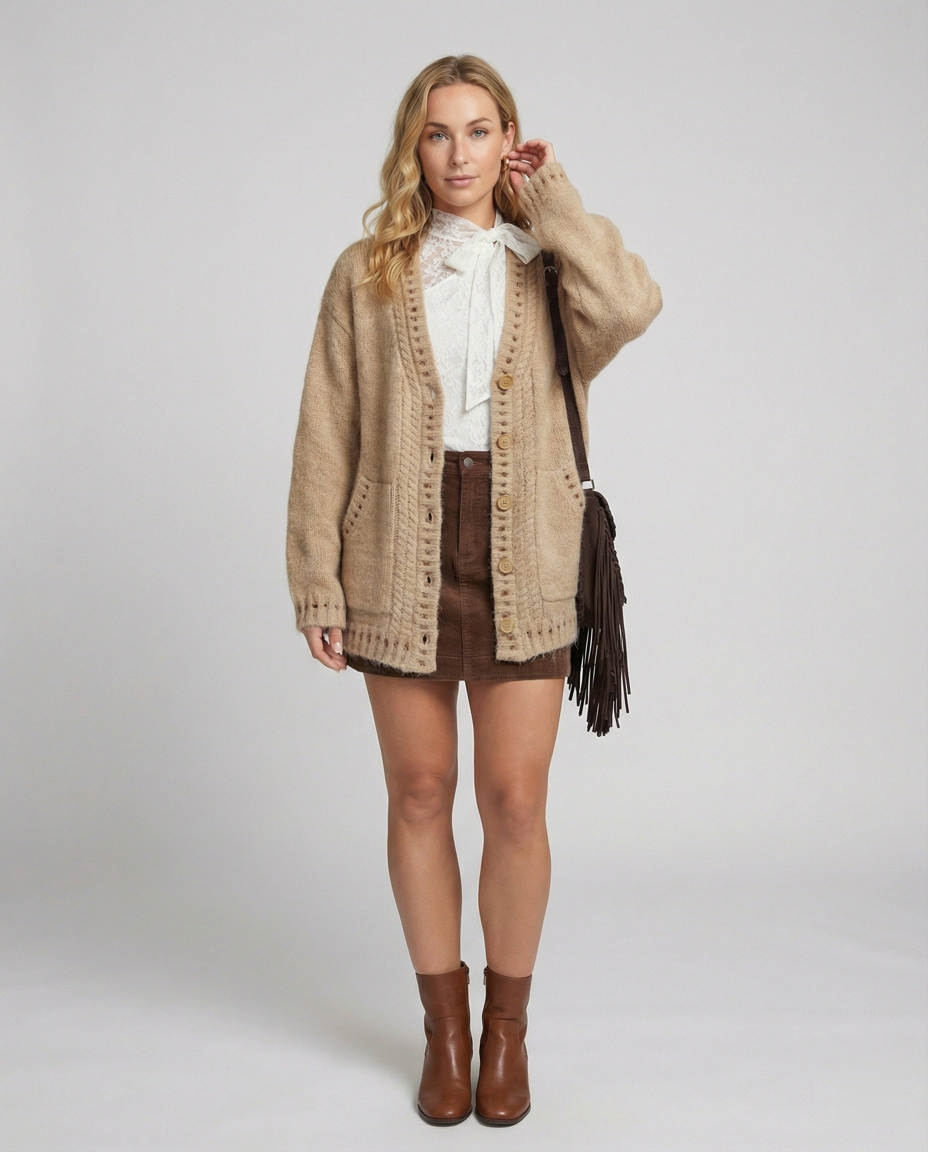 Weich Cardigan Mohair Mix Überlange Ärmel mit Taschen - Norvielle