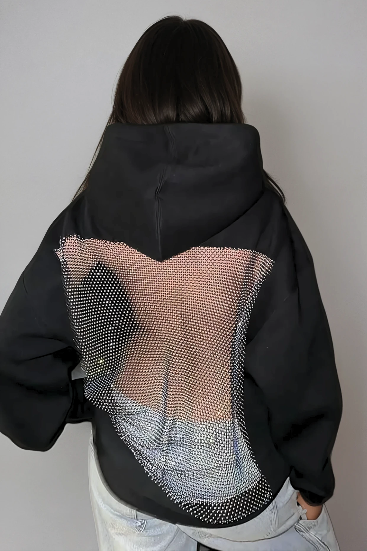 Damen Glitzer Hoodie Oversize Offener Rücken Mesh