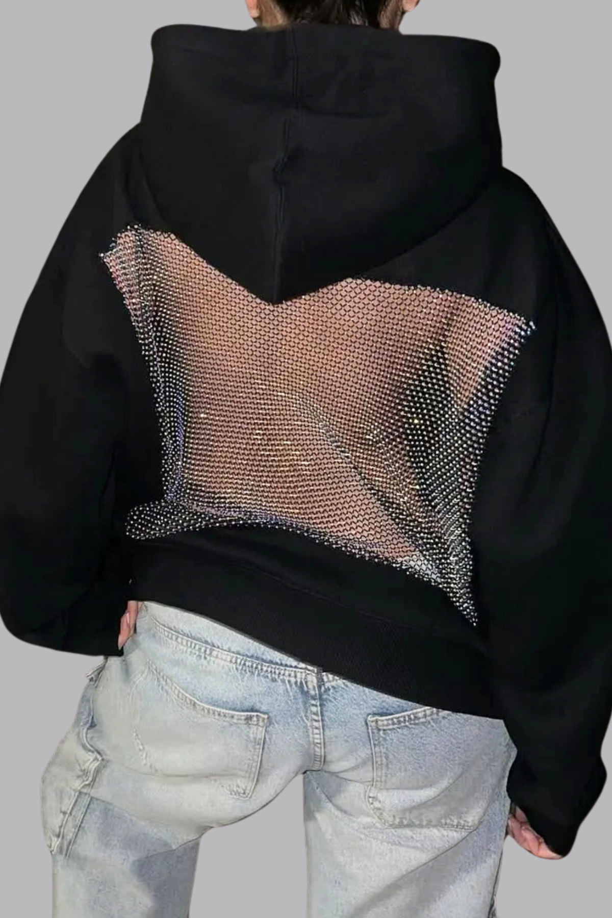 Damen Glitzer Hoodie Oversize Offener Rücken Mesh