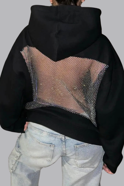 Damen Glitzer Hoodie Oversize Offener Rücken Mesh