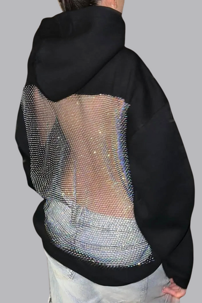 Damen Glitzer Hoodie Oversize Offener Rücken Mesh