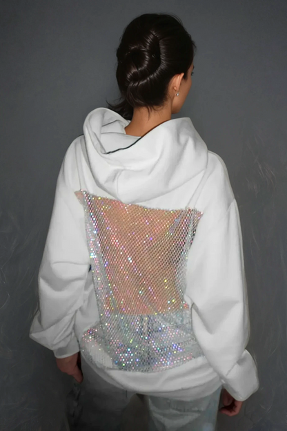 Damen Glitzer Hoodie Oversize Offener Rücken Mesh - Norvielle