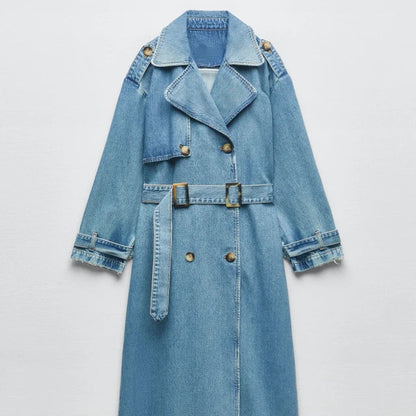 Damen Trenchcoat Lang aus Jeans mit Gürtel Modern