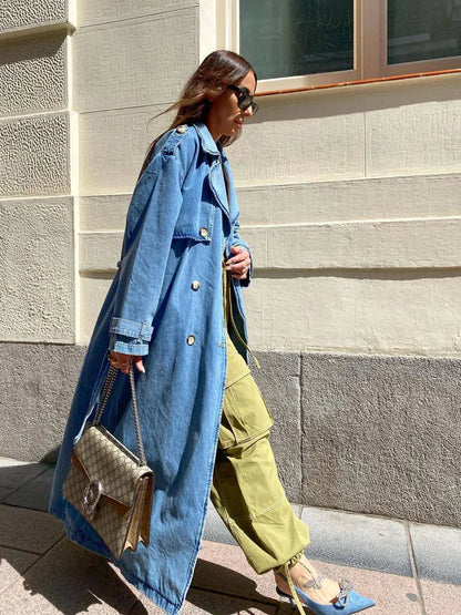 Damen Trenchcoat Lang aus Jeans mit Gürtel Modern