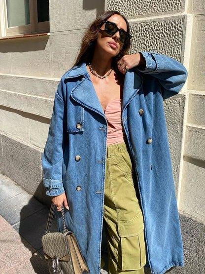 Damen Trenchcoat Lang aus Jeans mit Gürtel Modern