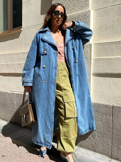 Damen Trenchcoat Lang aus Jeans mit Gürtel Modern Schwarz - Norvielle