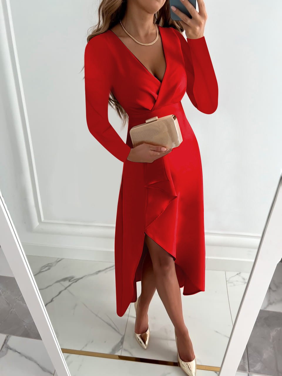 Damen Midi-Kleid V-Ausschnitt mit Schlitz Etui-Stil