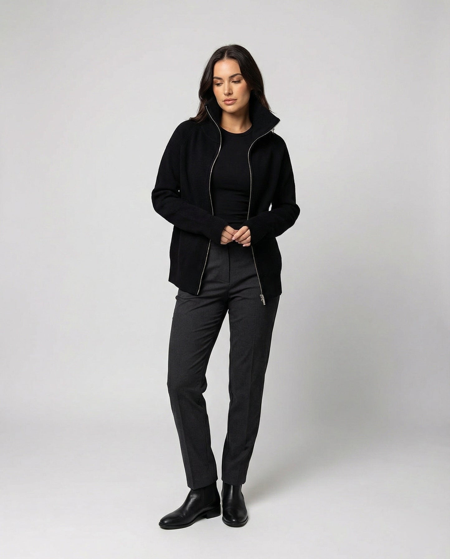 Damen Cardigan Strick Modern Doppelreißverschluss Hochkragen