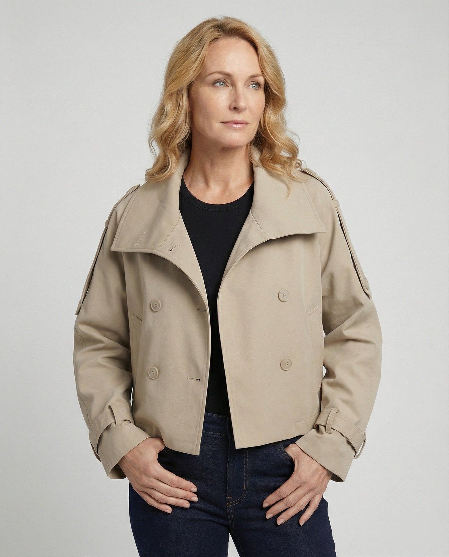 Damen Windjacke Kurz Stehkragen Zweireiher Schwarz - Norvielle