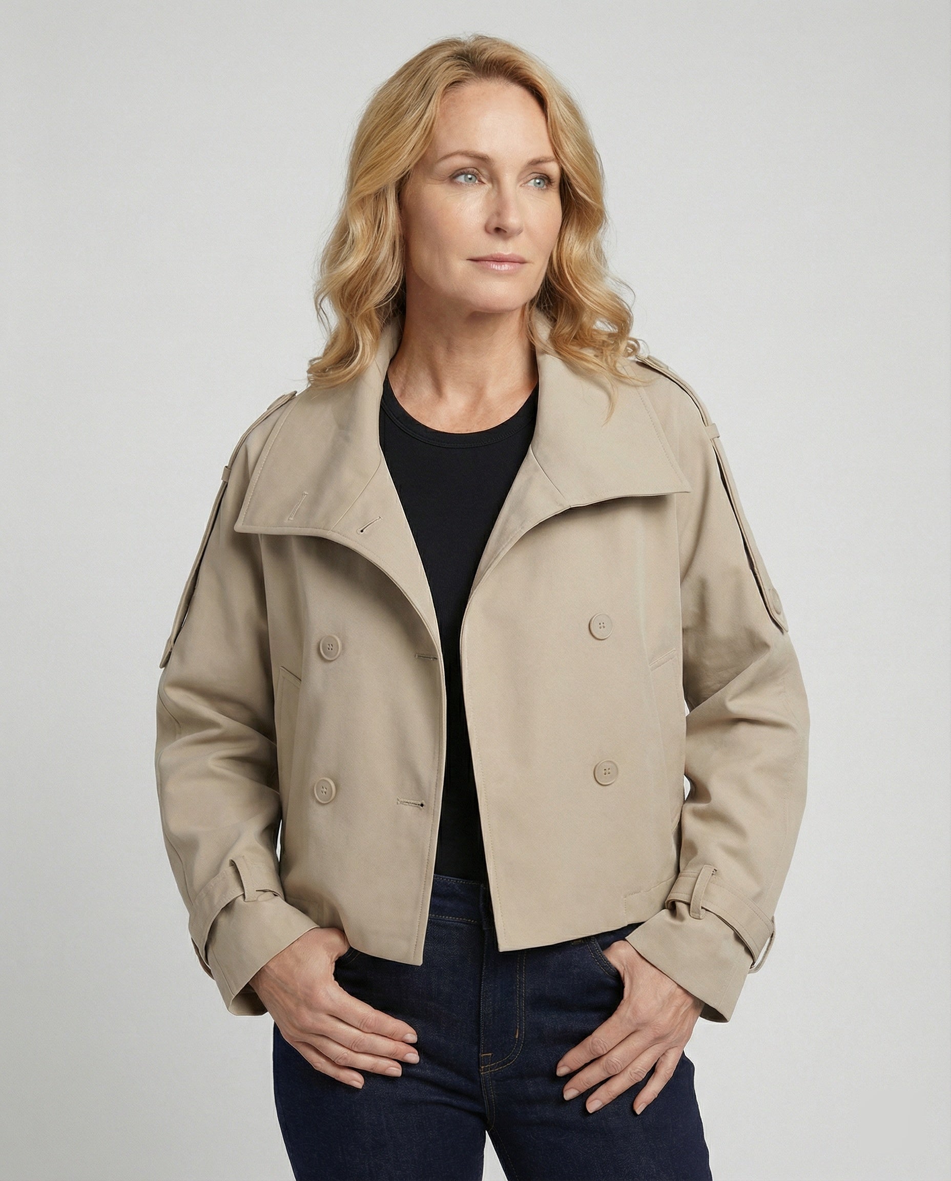 Damen Windjacke Kurz Stehkragen Zweireiher Schwarz - Norvielle