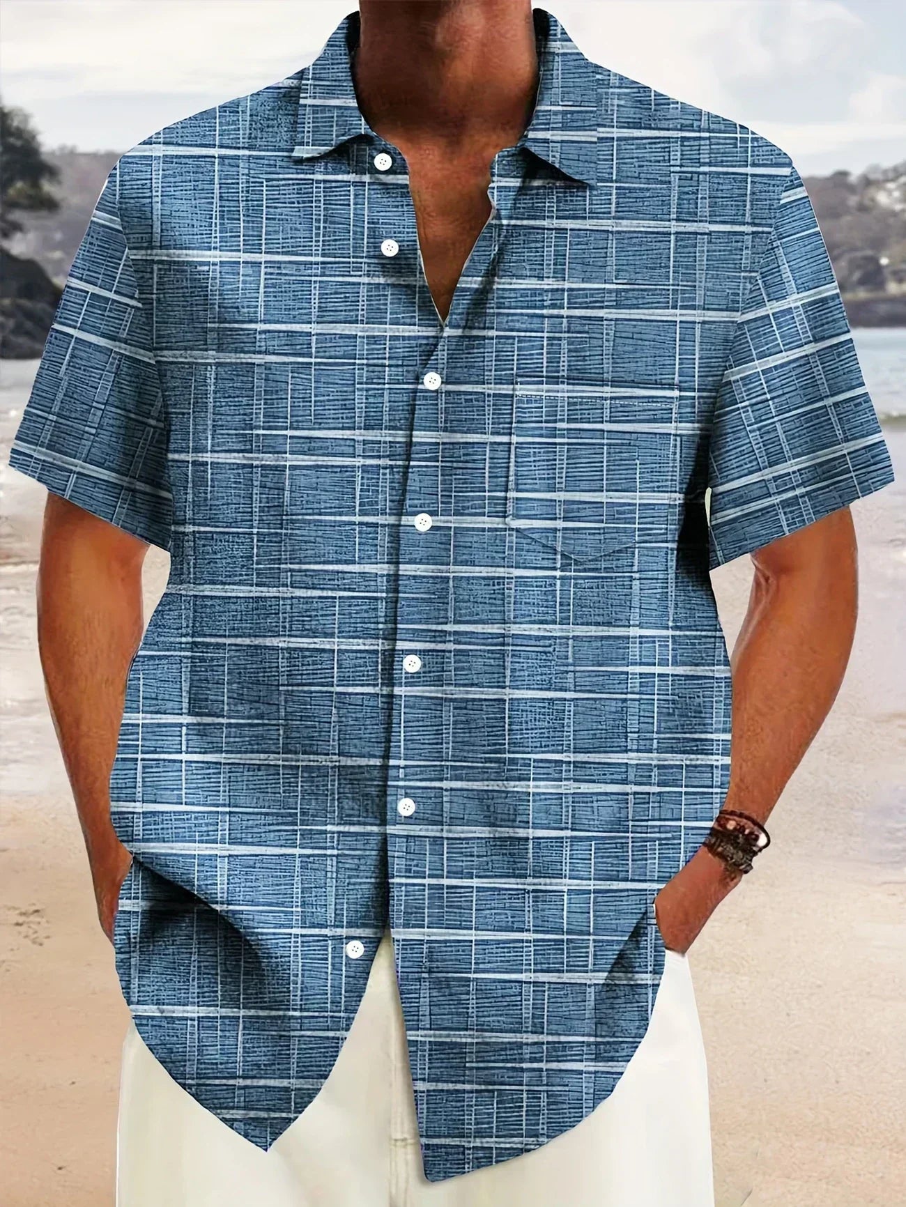Herren Kariertes Kurzarmhemd Büroshirt Modern