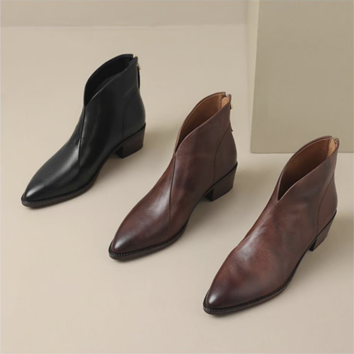 Damen Stiefelette Leder Elegant Blockabsatz Schwarz - Norvielle