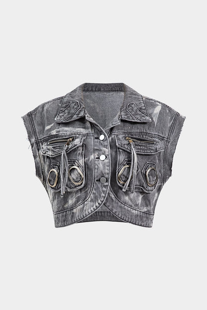 Graue Damen Denimweste Metallbesatz Edgy Style - Norvielle