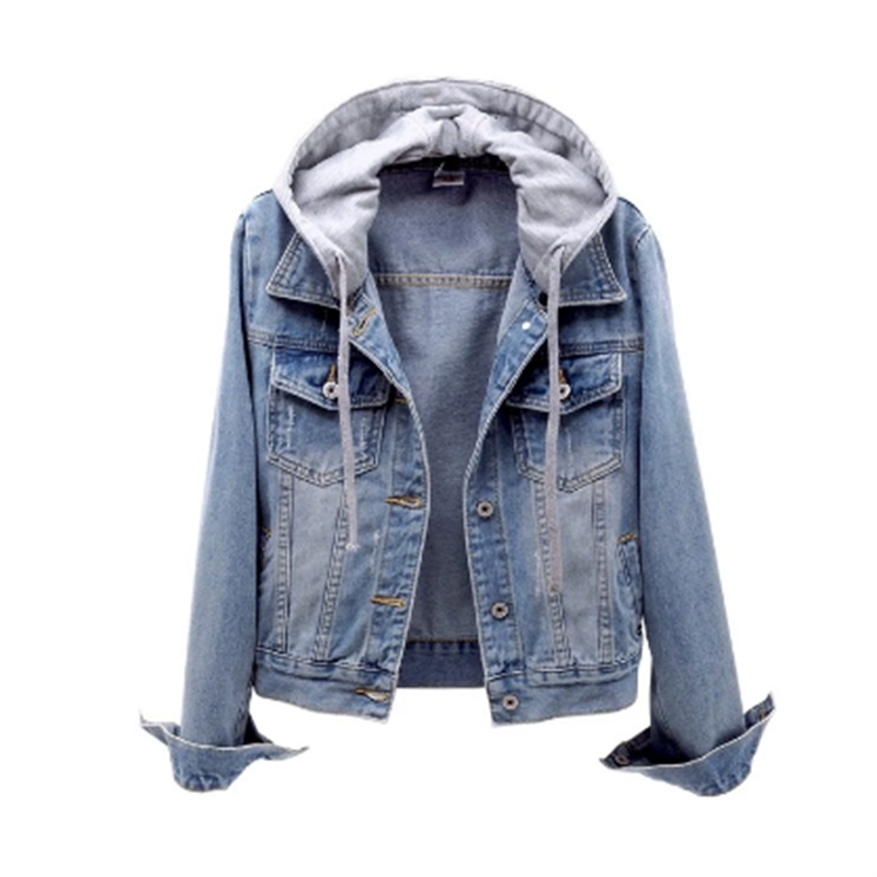 Damen Denimjacke Abnehmbare Kapuze Modern Blau