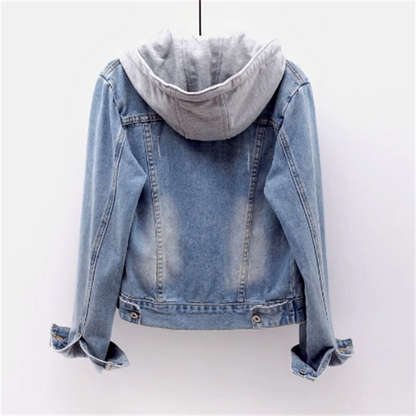 Damen Denimjacke Abnehmbare Kapuze Modern Blau