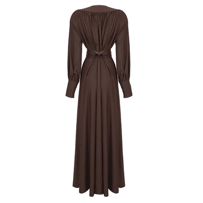 Damen Maxi-Kleid V-Ausschnitt Taillenband