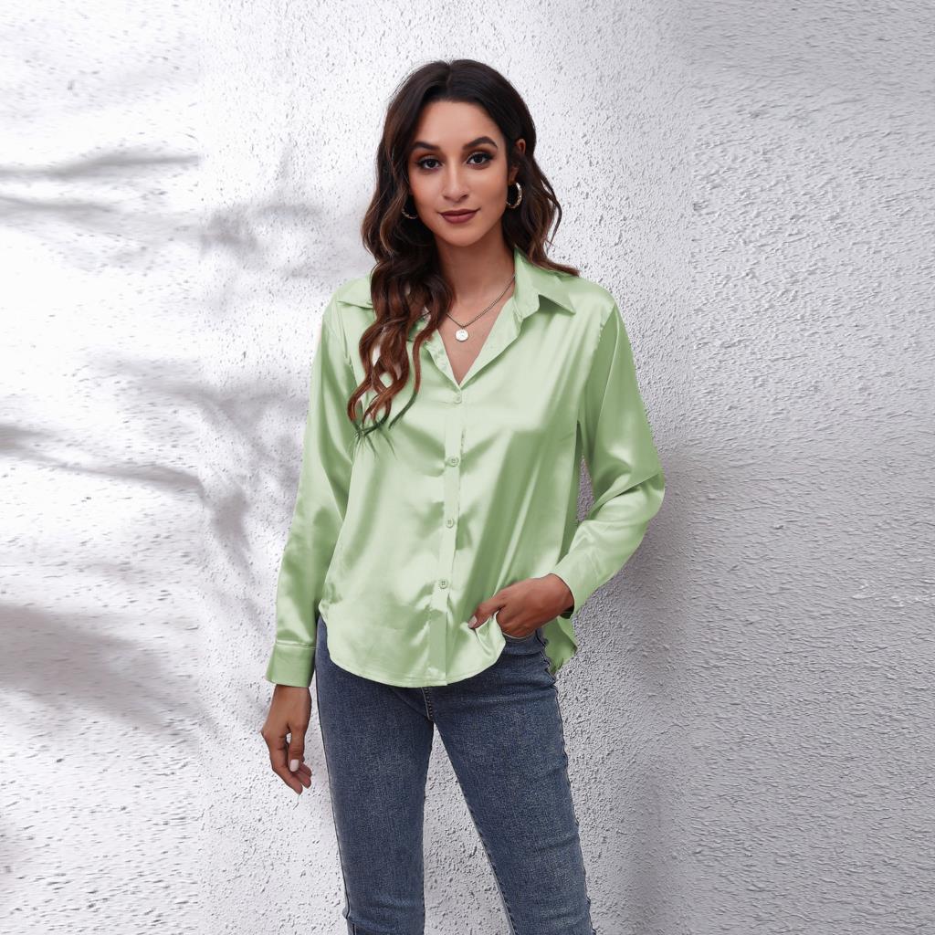 Damen Satinbluse Locker Geschnitten Sommer Bürobluse