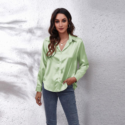 Damen Satinbluse Locker Geschnitten Sommer Bürobluse