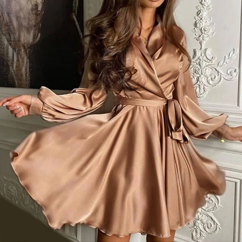 Damen Satinkleid Langärmlig Rüschen Elegant