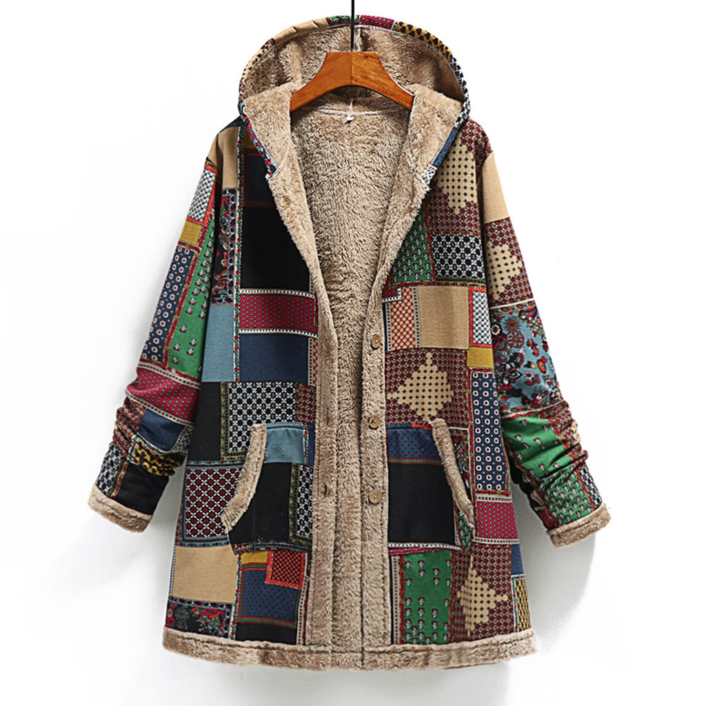 Damen Kapuzenmantel Patchwork Gefüttert Mit Knöpfe Und Taschen - Norvielle