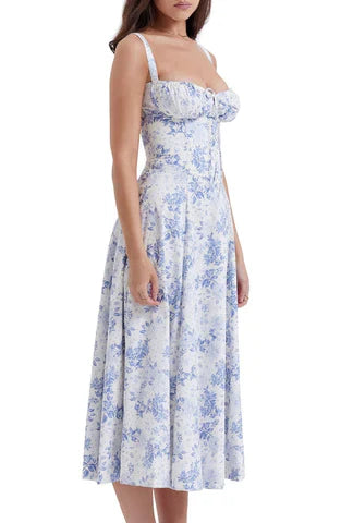 Damen Midikleid Blumenmuster Blau