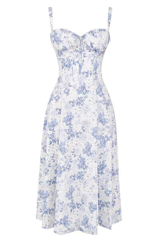 Damen Midikleid Blumenmuster Blau
