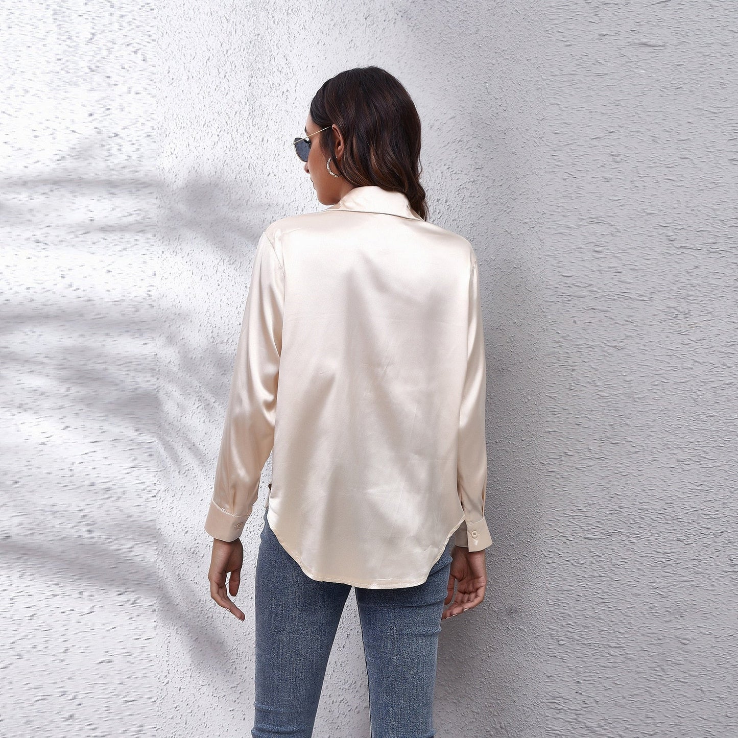 Damen Satinbluse Locker Geschnitten Sommer Bürobluse